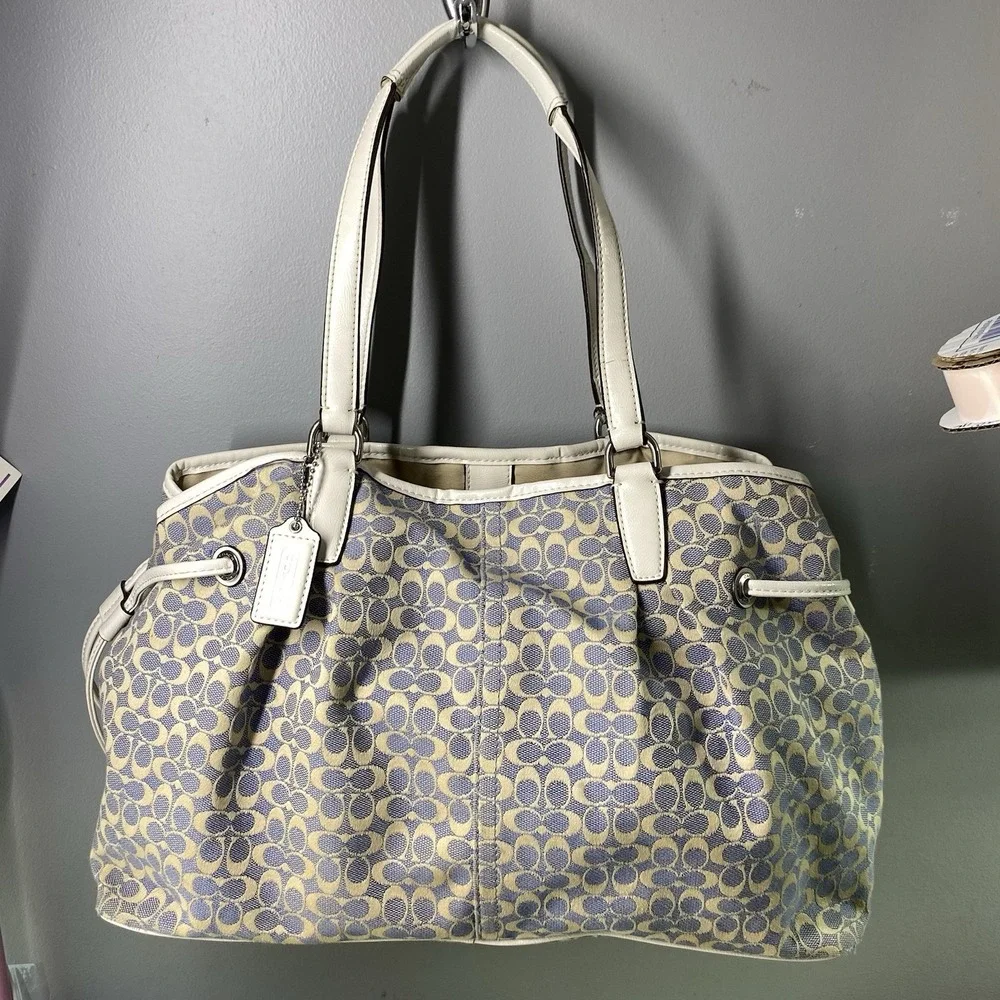 COACH‎ SIGNATURE Jacquard Drawstring Purse matching Wallet Blue&Cream See Straps